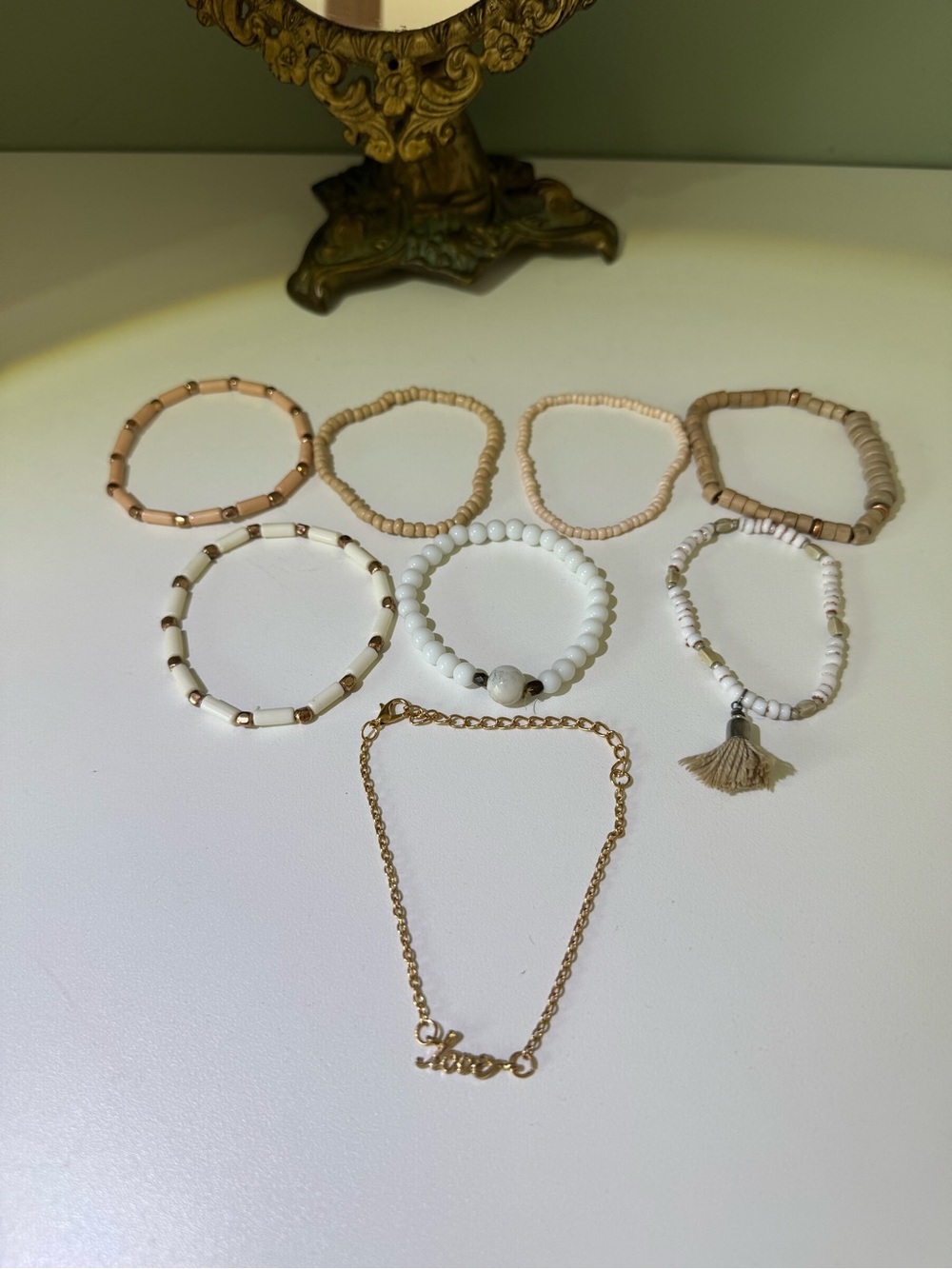 8 Piece Beaded Neutral Stack Stretch Bracelets and One Love Anklet Set -